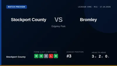 Stockport County, sitting third in League One, welcome 21st-placed Bromley to Edgeley Park on Saturday looking to build...